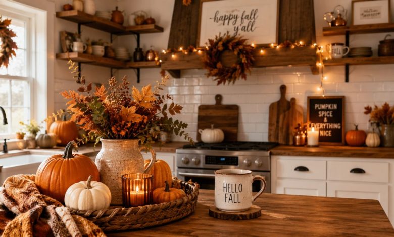 cozy fall kitchen decor ideas with pumpkins and warm accents