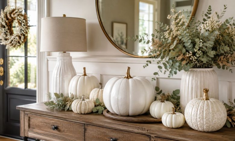 elegant white pumpkin decor on entryway table