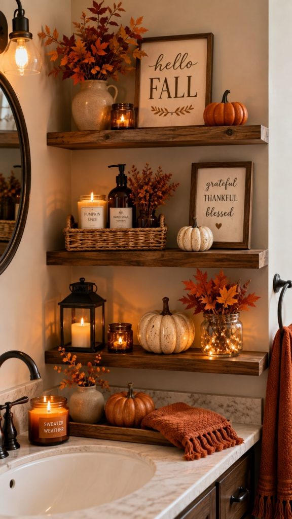fall bathroom shelf styling with seasonal accents