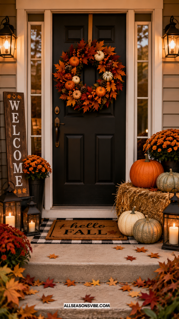 fall wreath hanging on front door with seasonal porch decor