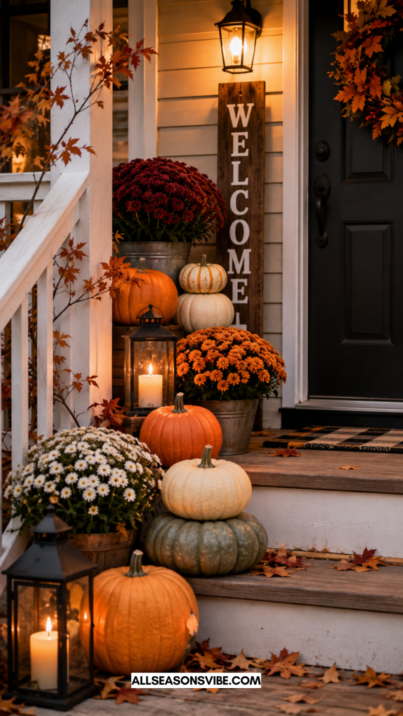 layered pumpkins decorating a small front porch for fall