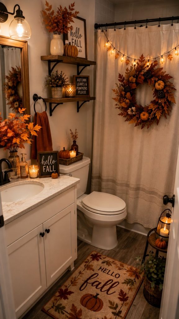 small bathroom decorated for fall season