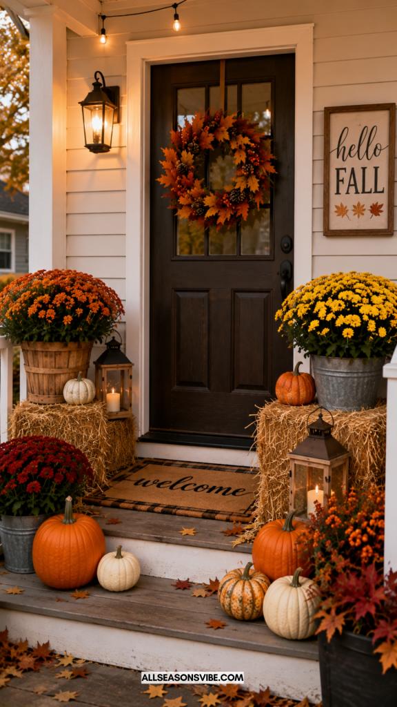 small porch decorated with hay bales pumpkins and autumn flowers