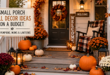 small porch fall decor ideas on a budget with pumpkins mums and lanterns