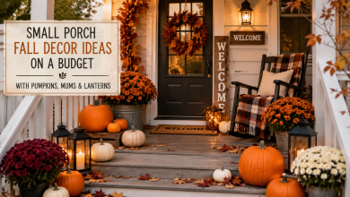 small porch fall decor ideas on a budget with pumpkins mums and lanterns