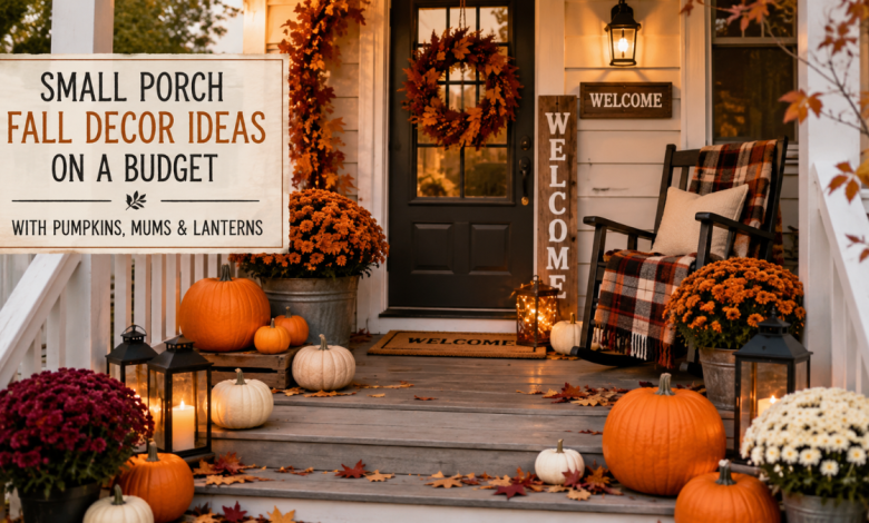 small porch fall decor ideas on a budget with pumpkins mums and lanterns