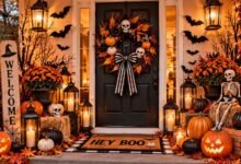 25 halloween door decorations that make a big statement with pumpkins wreaths lanterns bats and spooky front porch decor