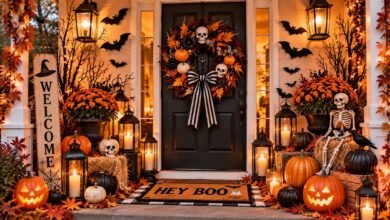 25 halloween door decorations that make a big statement with pumpkins wreaths lanterns bats and spooky front porch decor