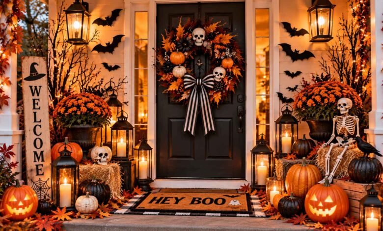 25 halloween door decorations that make a big statement with pumpkins wreaths lanterns bats and spooky front porch decor