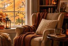 cozy Fall reading nook with armchair and blanket