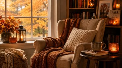 cozy Fall reading nook with armchair and blanket