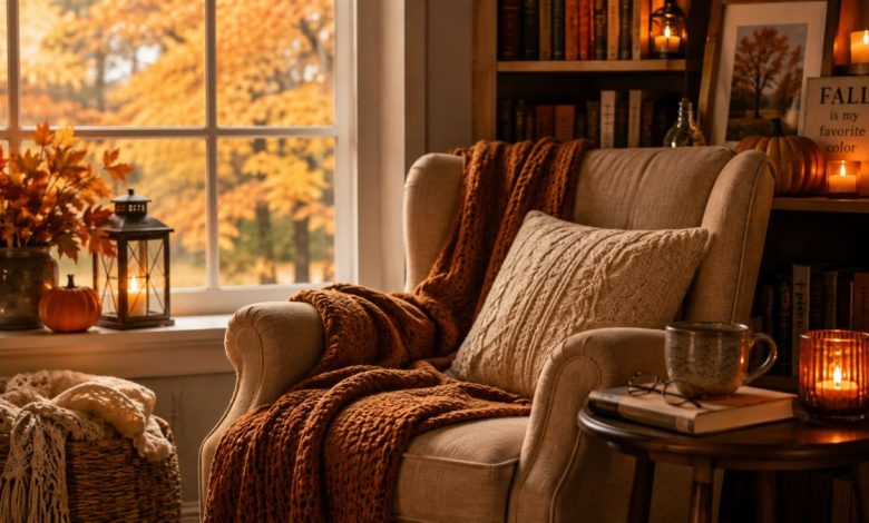cozy Fall reading nook with armchair and blanket