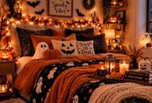 cozy halloween bedroom decorated with moody bedding