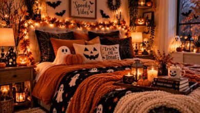 cozy halloween bedroom decorated with moody bedding
