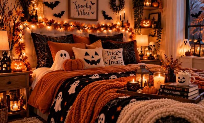cozy halloween bedroom decorated with moody bedding