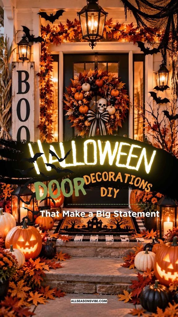 halloween door decorations that make a big statement with pumpkins