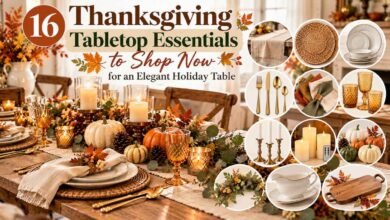 Elegant Thanksgiving tabletop essentials featuring neutral linens, woven chargers, white dinnerware, gold flatware, amber glassware, candles, pumpkins, and seasonal greenery.