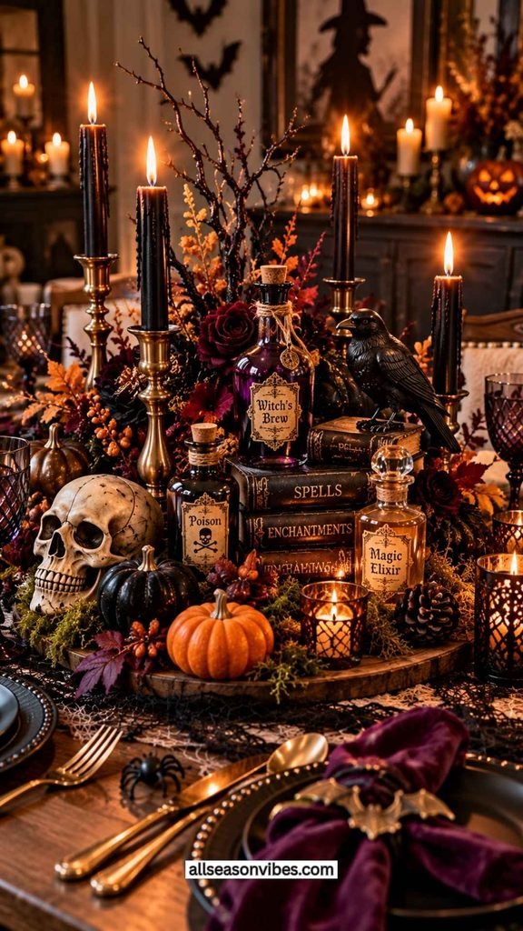 DIY witchy Halloween centerpiece featuring potion bottles, candles, vintage books, moss, and mini pumpkins