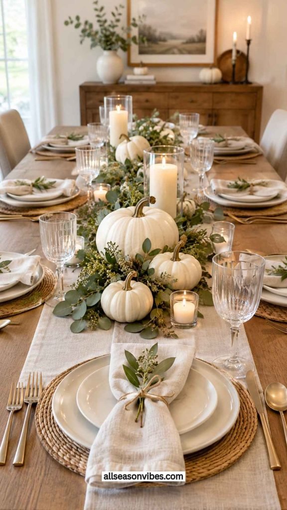Minimalist Thanksgiving tablescape featuring white pumpkins