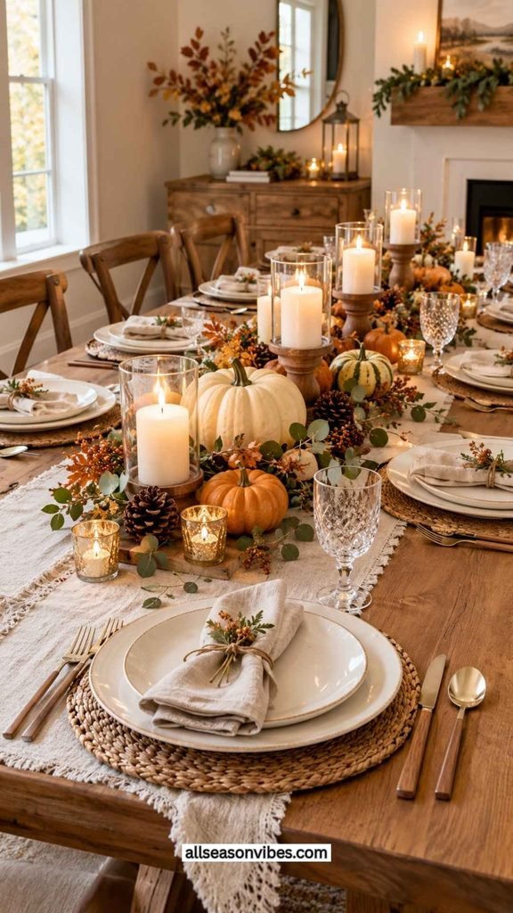 Modern Thanksgiving table decorated with cream dinnerware