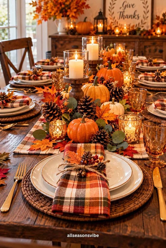 Rustic Thanksgiving table setting with everyday dishes, plaid napkins, pinecones, and fall decor