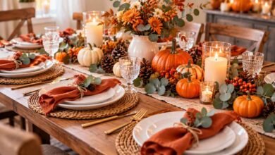 Simple Thanksgiving table setting with everyday white dishes, pumpkins, greenery, and linen napkins