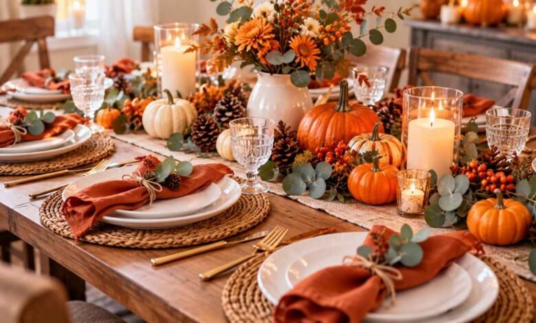 Simple Thanksgiving table setting with everyday white dishes, pumpkins, greenery, and linen napkins