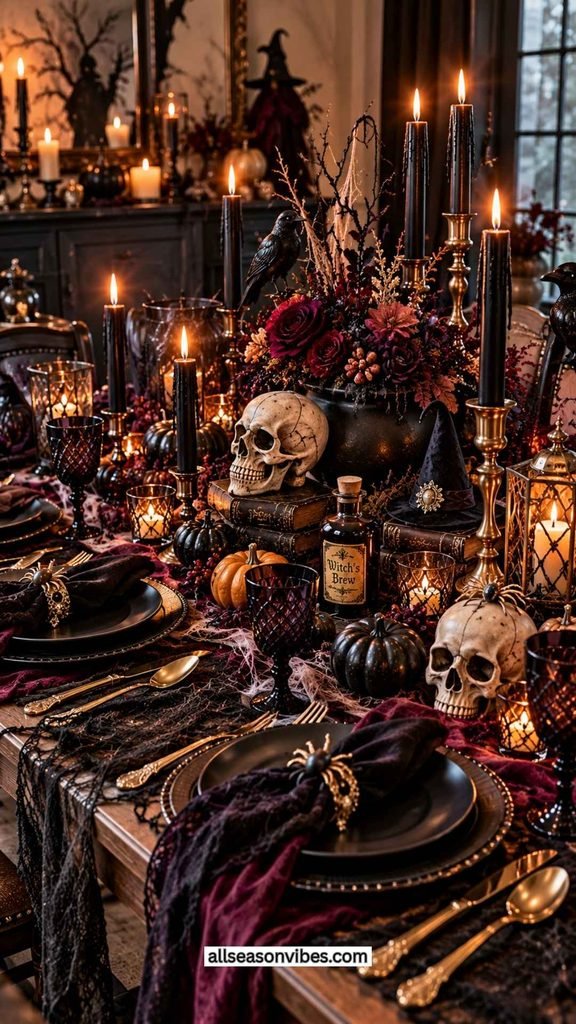 Spooky Halloween witch table setting with black plates gothic decorations