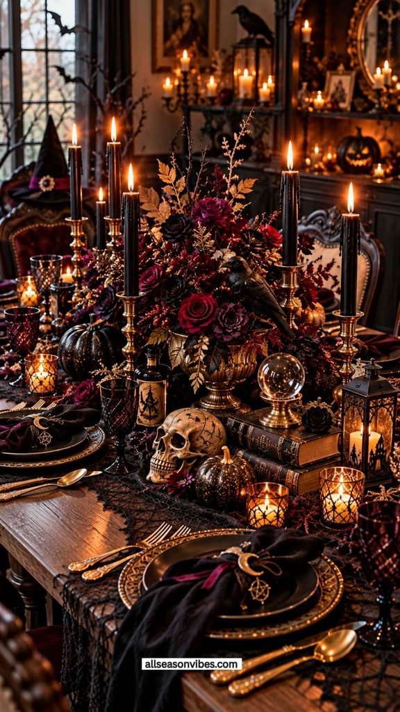Witchy gothic Halloween table setting with black candles, dark flowers, and vintage decor