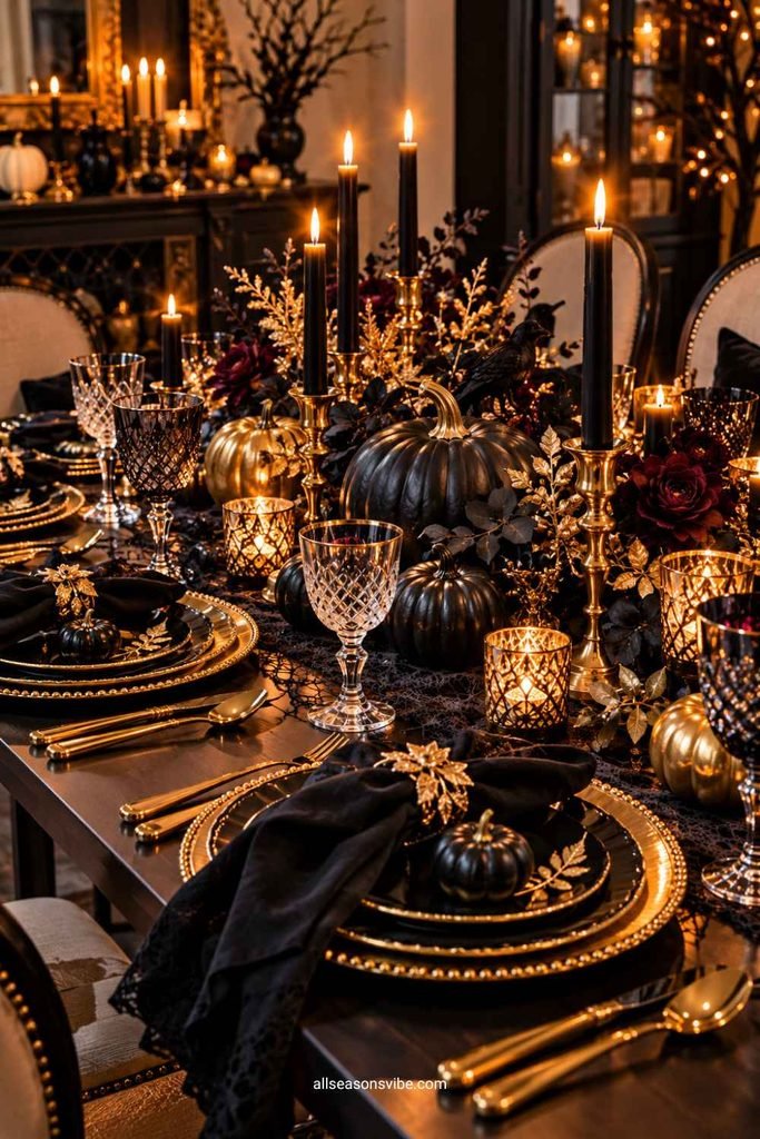 black and gold elegant Halloween table decor for a sophisticated dinner party (1)