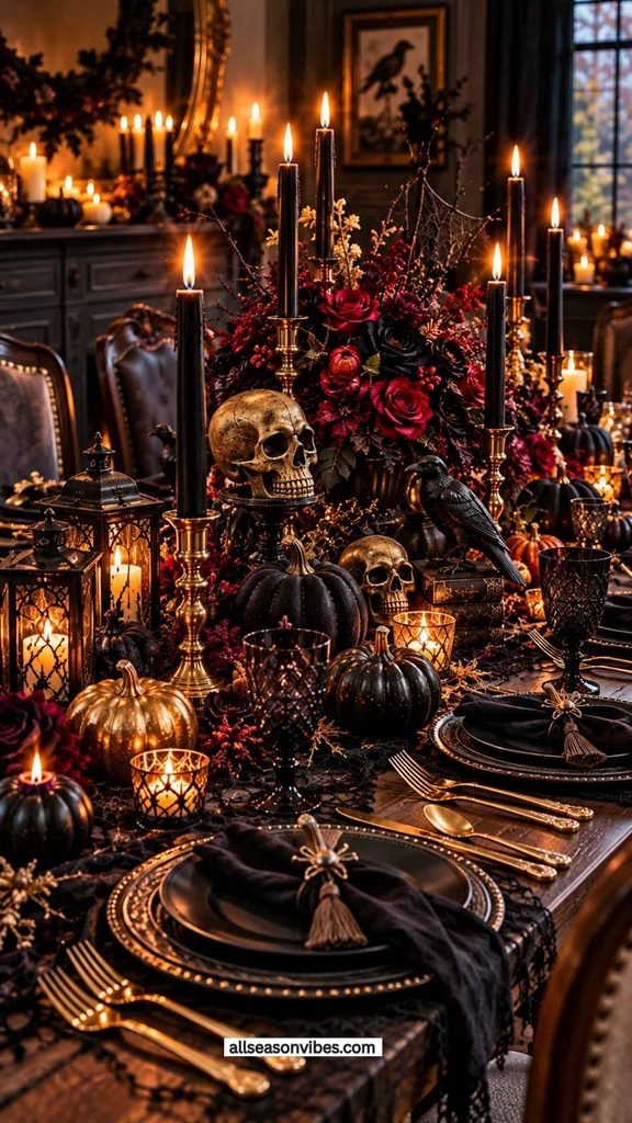 black halloween dining table decorated with candles