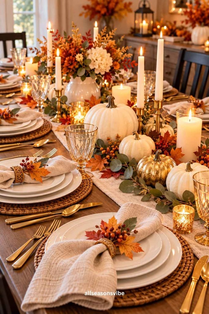 budget thanksgiving table decor with white dishes gold flatware pumpkins candles
