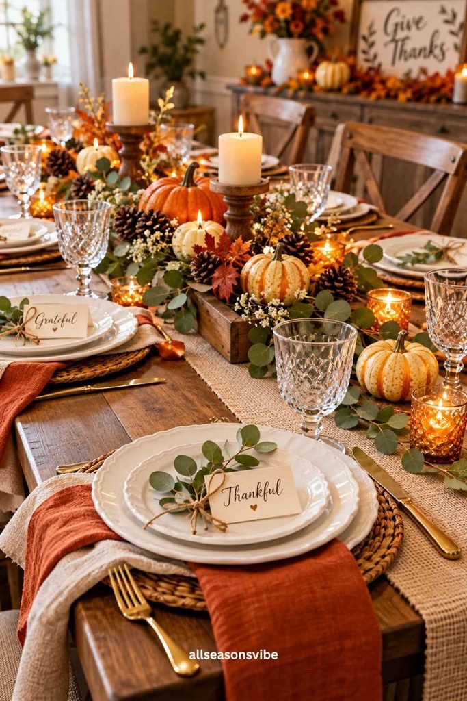 casual thanksgiving table setting with simple dishes place cards greenery mini pumpkins