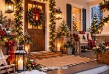 Cozy farmhouse Christmas porch decorated with evergreen garland, rustic wooden accents, vintage lanterns, and festive planters