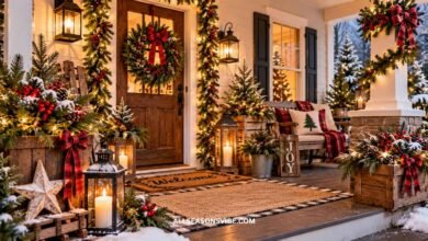 Cozy farmhouse Christmas porch decorated with evergreen garland, rustic wooden accents, vintage lanterns, and festive planters