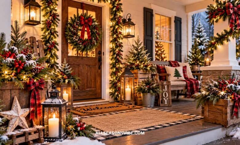 Cozy farmhouse Christmas porch decorated with evergreen garland, rustic wooden accents, vintage lanterns, and festive planters