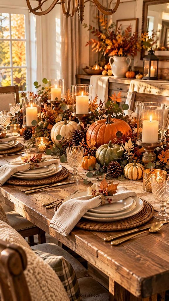 cozy farmhouse thanksgiving table with fall centerpiece and neutral table settings