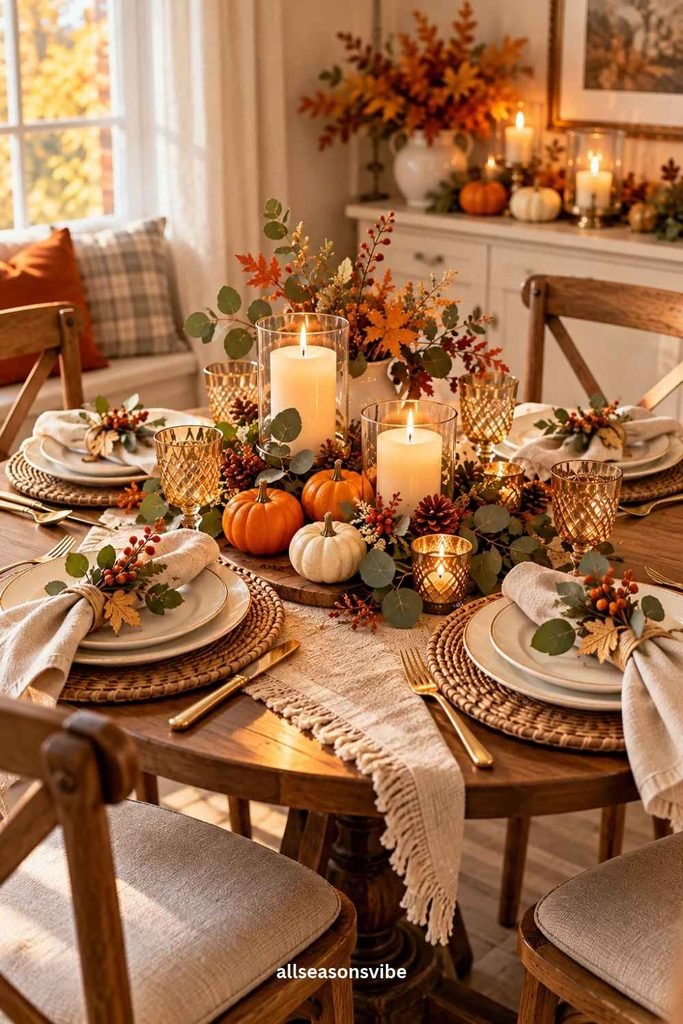cozy small thanksgiving table decorated with mini pumpkins, eucalyptus, cream dinnerware fall accents