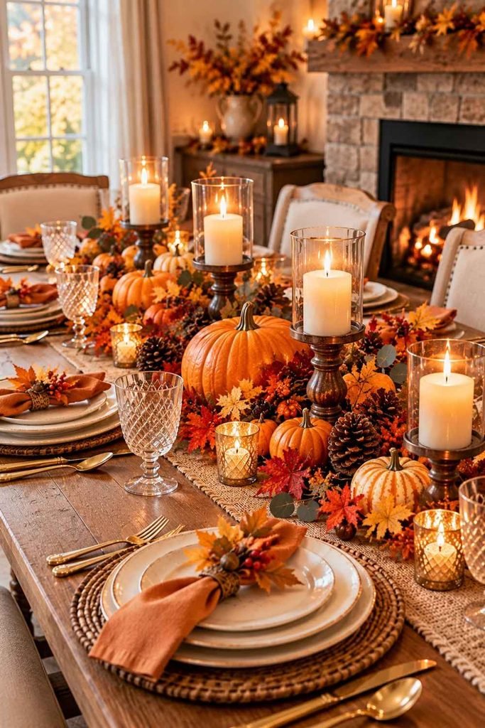 cozy thanksgiving tablescape decorated with orange pumpkins, autumn leaves, and glowing candles