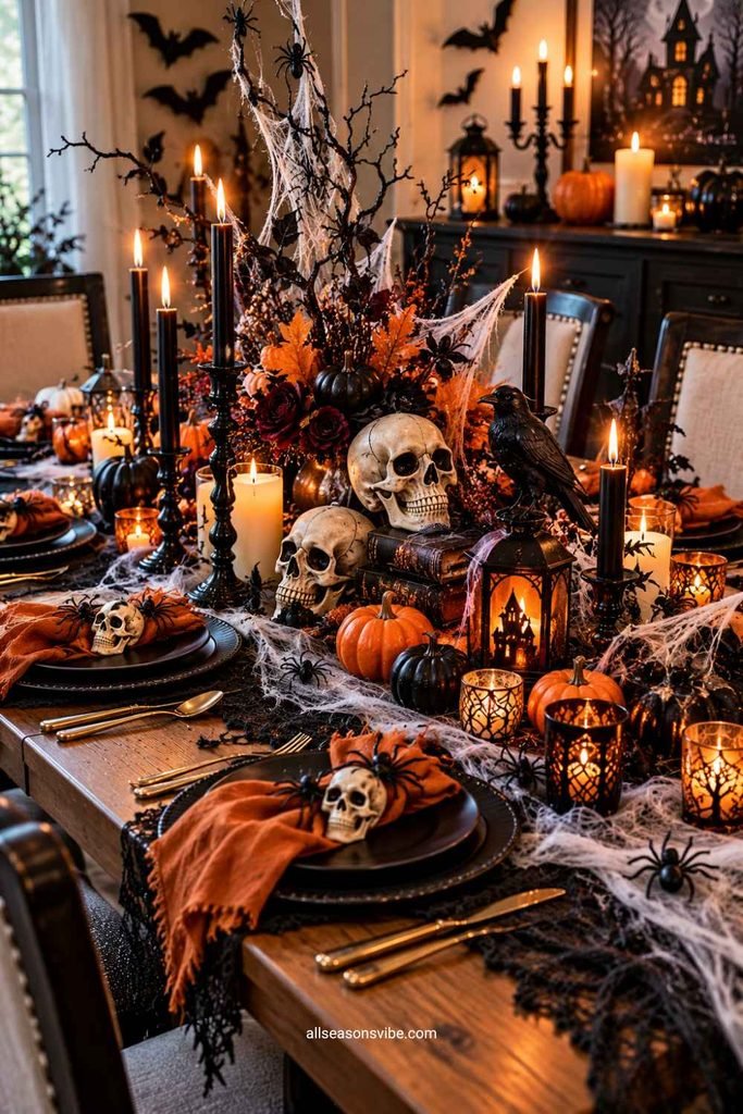 diy halloween tablescape with pumpkins faux cobwebs skulls spooky centerpiece