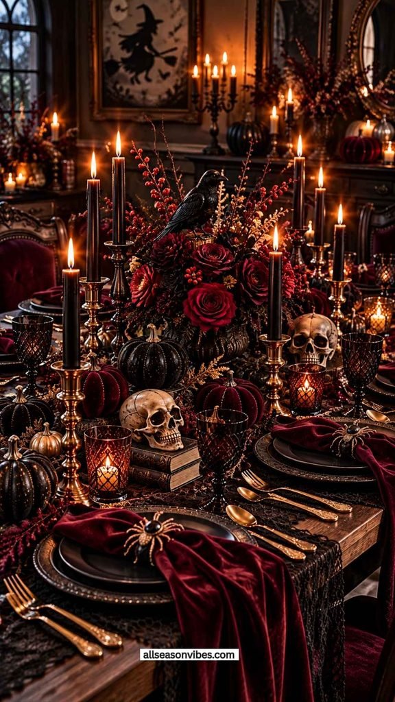dramatic gothic halloween tablescape with black and burgundy decorations