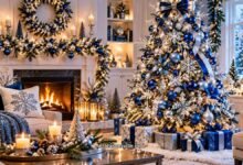elegant blue christmas tree decorated with blue and silver ornaments