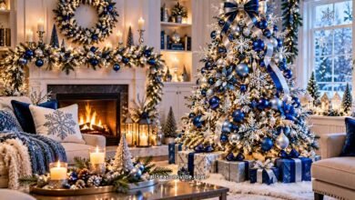 elegant blue christmas tree decorated with blue and silver ornaments
