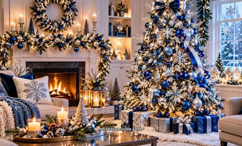 elegant blue christmas tree decorated with blue and silver ornaments