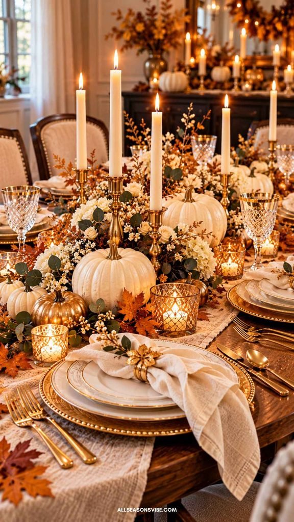elegant gold white thanksgiving tablescape
