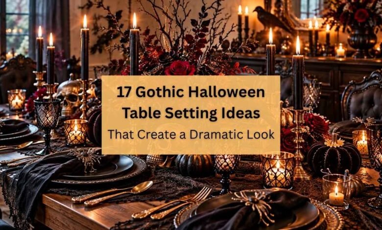 Elegant gothic Halloween table setting with black plates, candles, and dark floral centerpiece