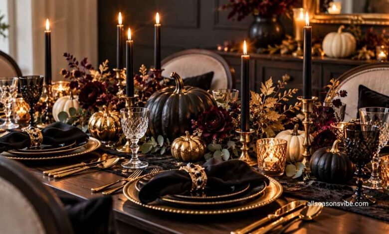 Elegant Halloween tablescape with black candles, pumpkins, gold accents, and sophisticated dinnerware
