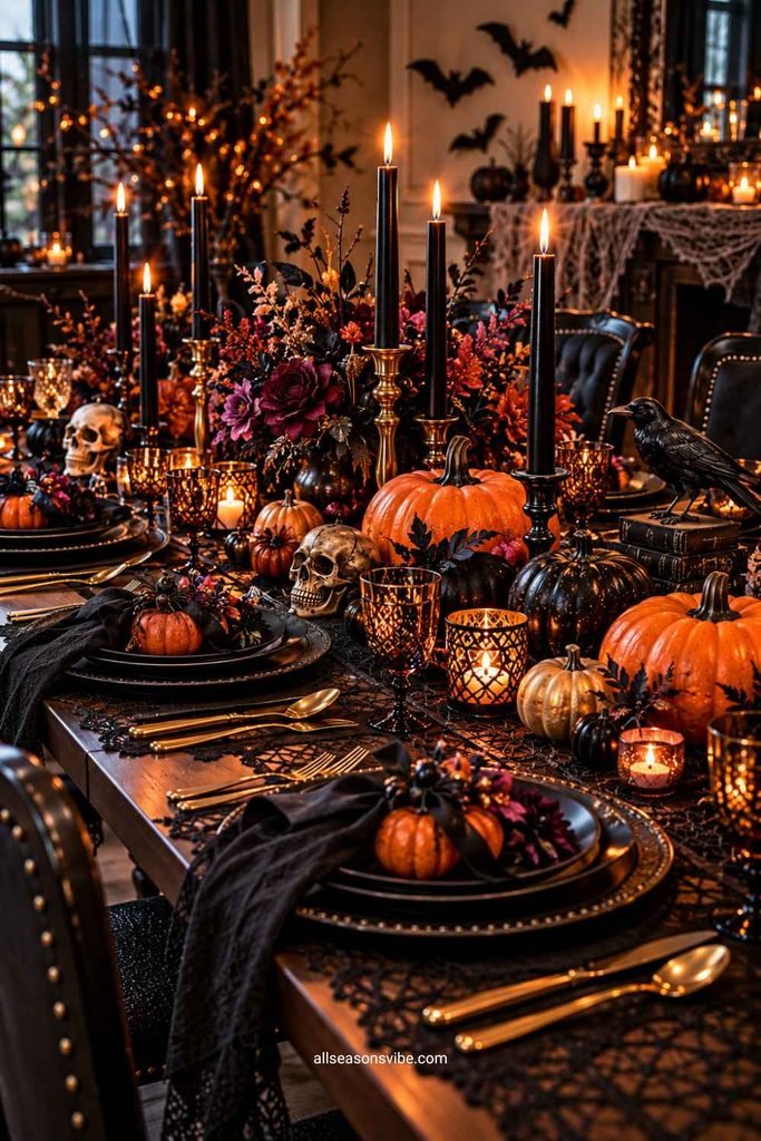 elegant spooky halloween dinner table with candles