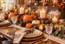 Elegant Thanksgiving table setting with white plates, gold flatware, pumpkins, eucalyptus, and candles