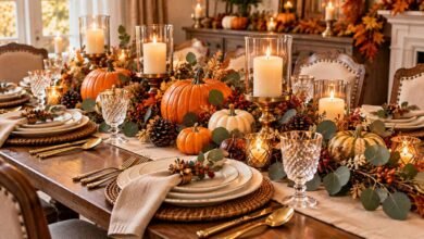 Elegant Thanksgiving table setting with white plates, gold flatware, pumpkins, eucalyptus, and candles